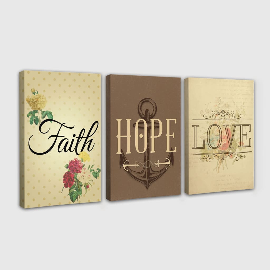 &quot;Faith, Hope, Love&quot; 3-panel wall art, a perfect blend of Christian values and art, ideal gift for family and friends.