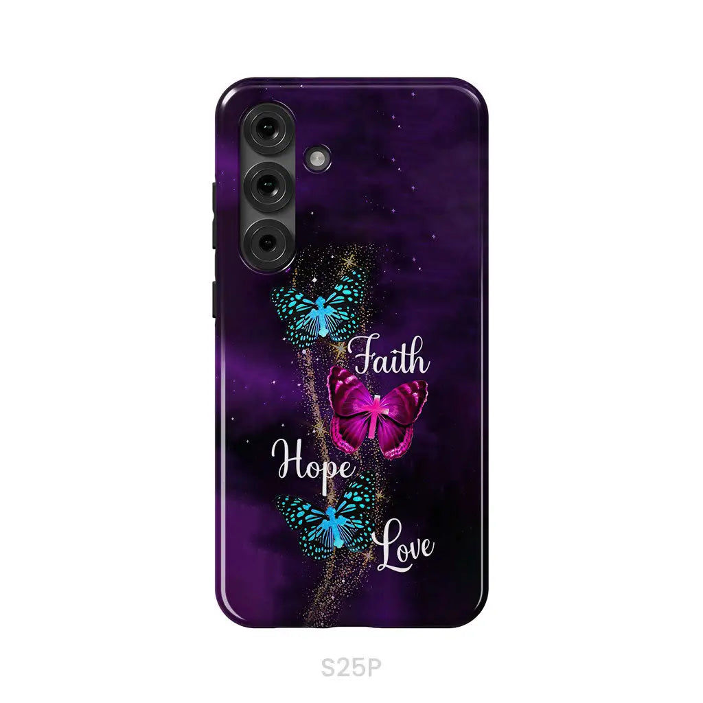Faith Hope Love Butterfly with Cross Christian phone case Samsung Galaxy S25 Plus / Tough Case