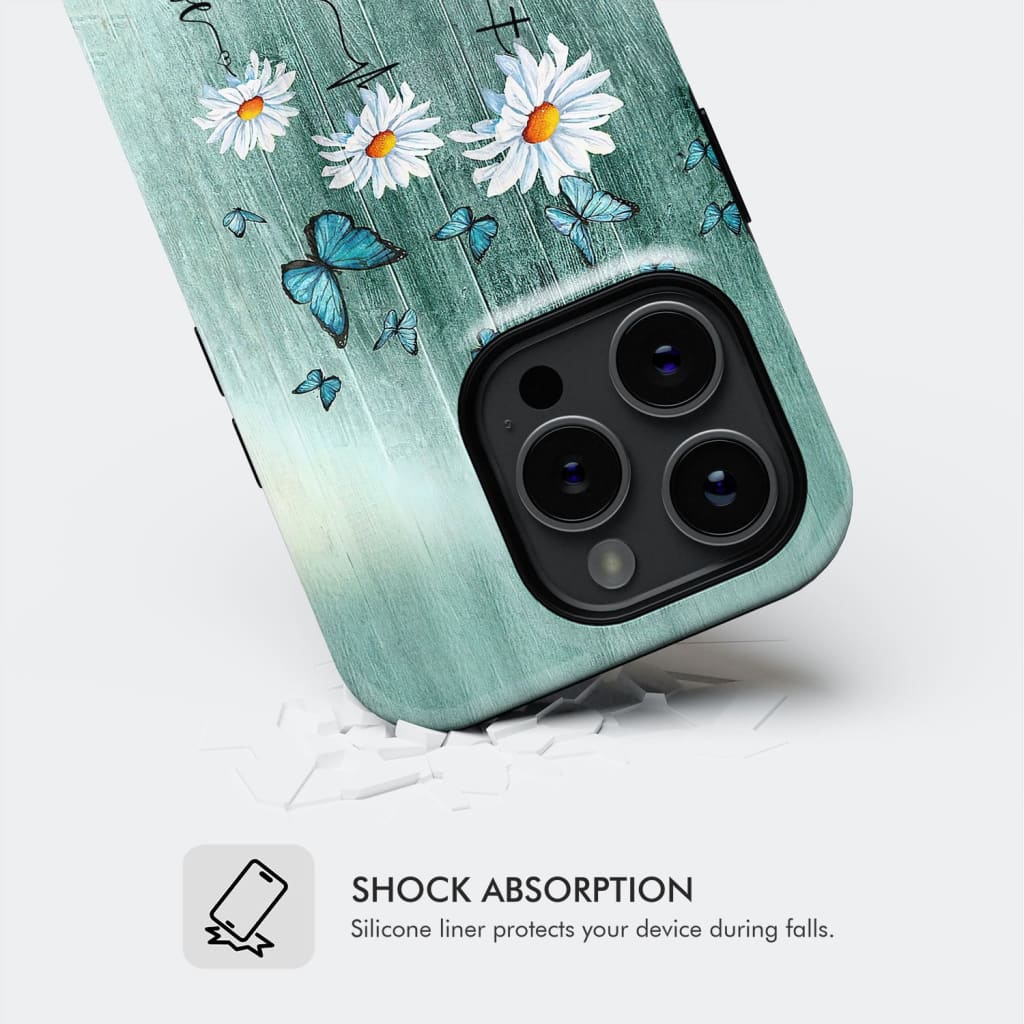 Shock Absorption. Christian phone case featuring &quot;Faith, Hope, Love&quot; with daisy and butterfly design for inspirational and faith-based style.