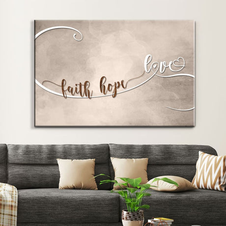 "Faith Hope Love" wall art canvas, inspirational Christian decor for homes or thoughtful faith-based gifts.
