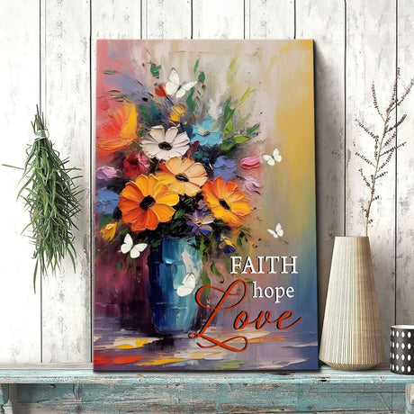 "Faith Hope Love" Christian wall art canvas with butterflies around a vase of flowers, inspiring home decor.