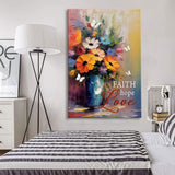 Christian wall art featuring "Faith Hope Love" with butterflies and flowers in a vase, uplifting faith-based decor.