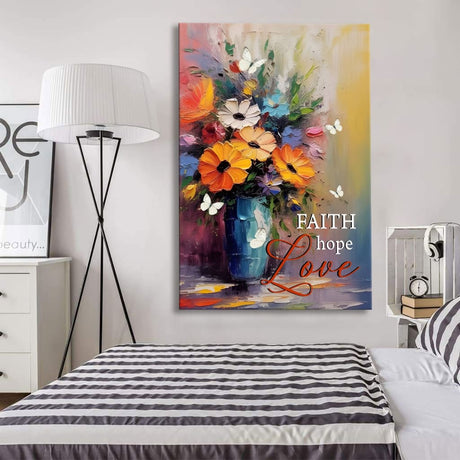 Christian wall art featuring "Faith Hope Love" with butterflies and flowers in a vase, uplifting faith-based decor.