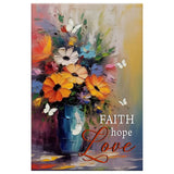 "Faith Hope Love" canvas art with butterflies and a floral vase, perfect for Christian wall decor.