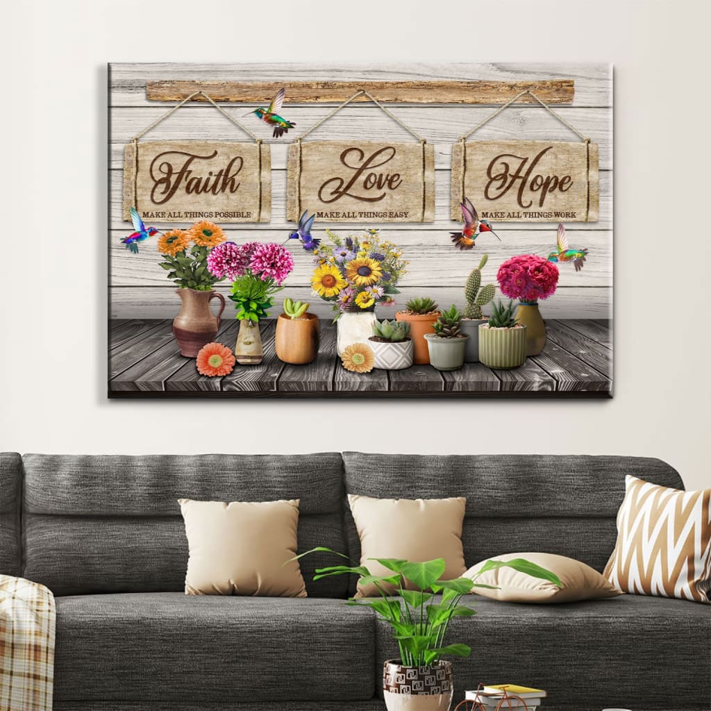 Christian wall art canvas with the phrase "Faith Makes All Things Possible," adorned with hummingbirds and a flower vase, ideal for farmhouse-style home decor.