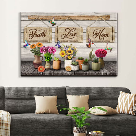 Christian wall art canvas with the phrase "Faith Makes All Things Possible," adorned with hummingbirds and a flower vase, ideal for farmhouse-style home decor.