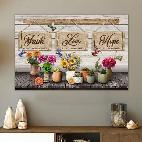 "Faith Makes All Things Possible" wall art canvas featuring hummingbirds and a flower vase, perfect for rustic farmhouse Christian decor.