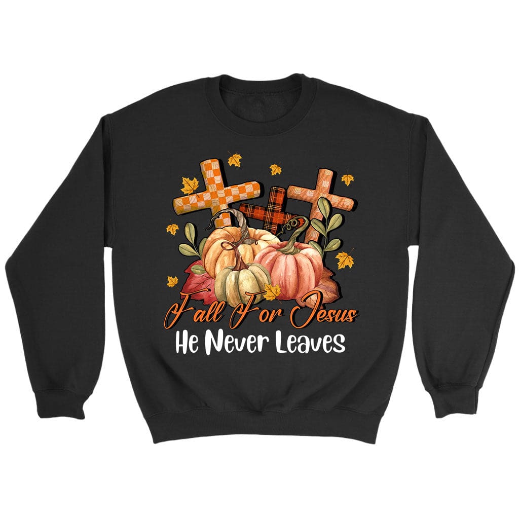 Fall for Jesus He Never Leaves Pumpkin Cross Sweatshirt Black / S