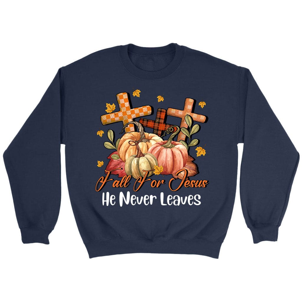 Fall for Jesus He Never Leaves Pumpkin Cross Sweatshirt Navy / S