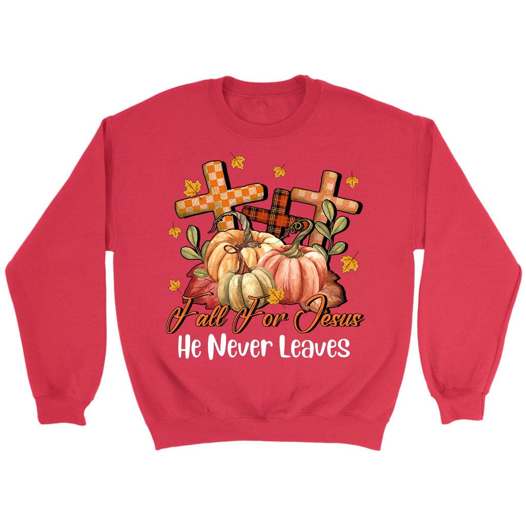 Fall for Jesus He Never Leaves Pumpkin Cross Sweatshirt Red / S