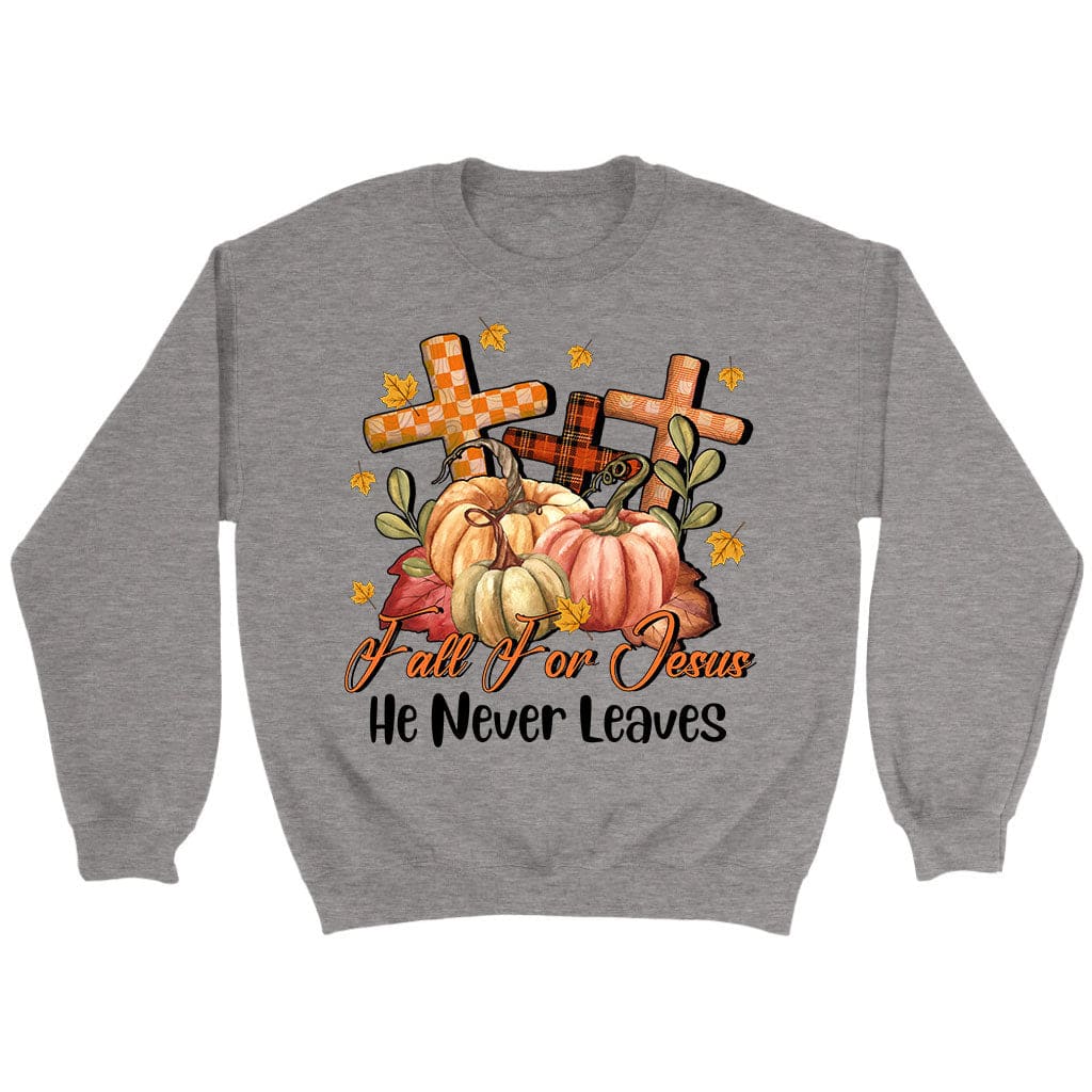 Fall for Jesus He Never Leaves Pumpkin Cross Sweatshirt Sport Grey / S