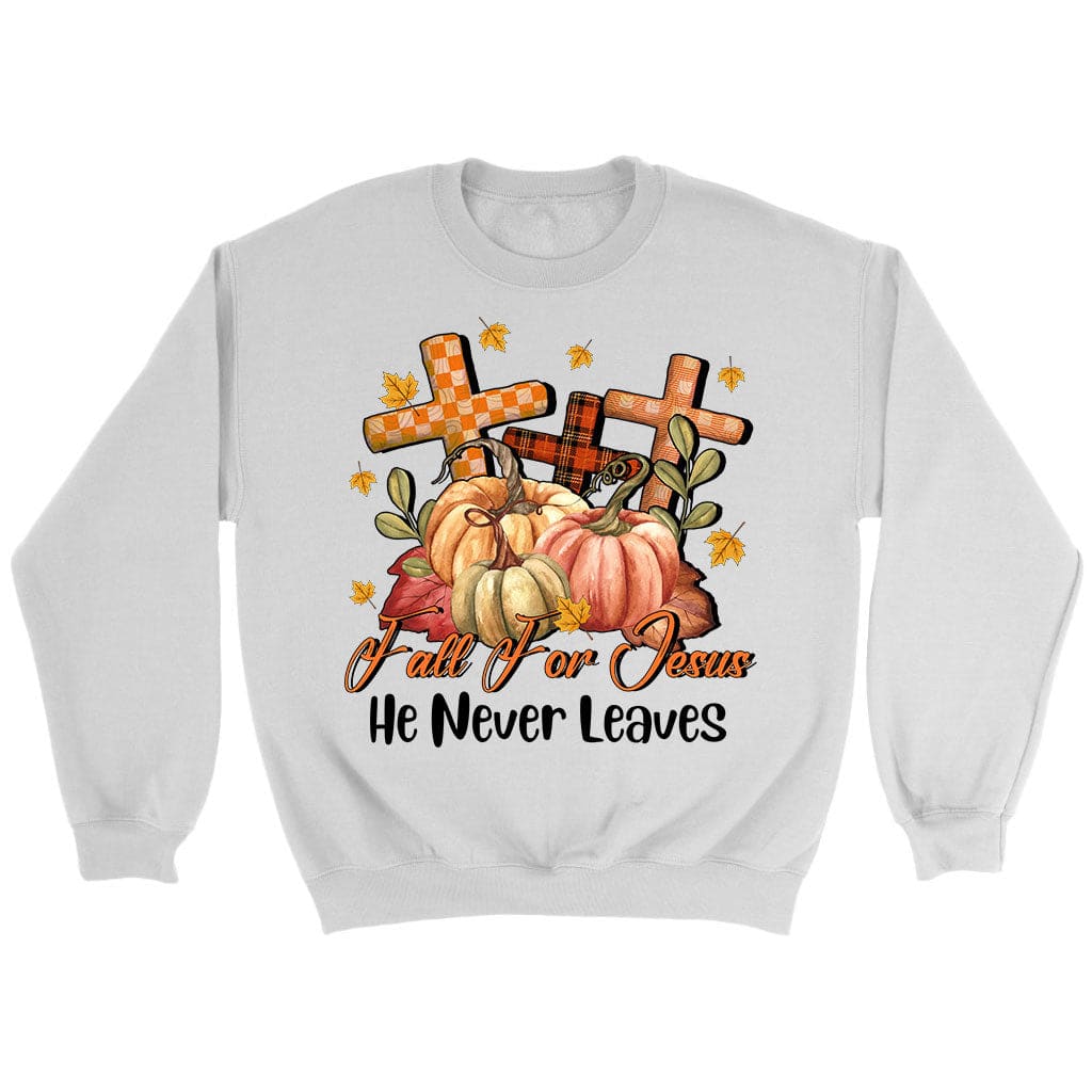 Fall for Jesus He Never Leaves Pumpkin Cross Sweatshirt White / S