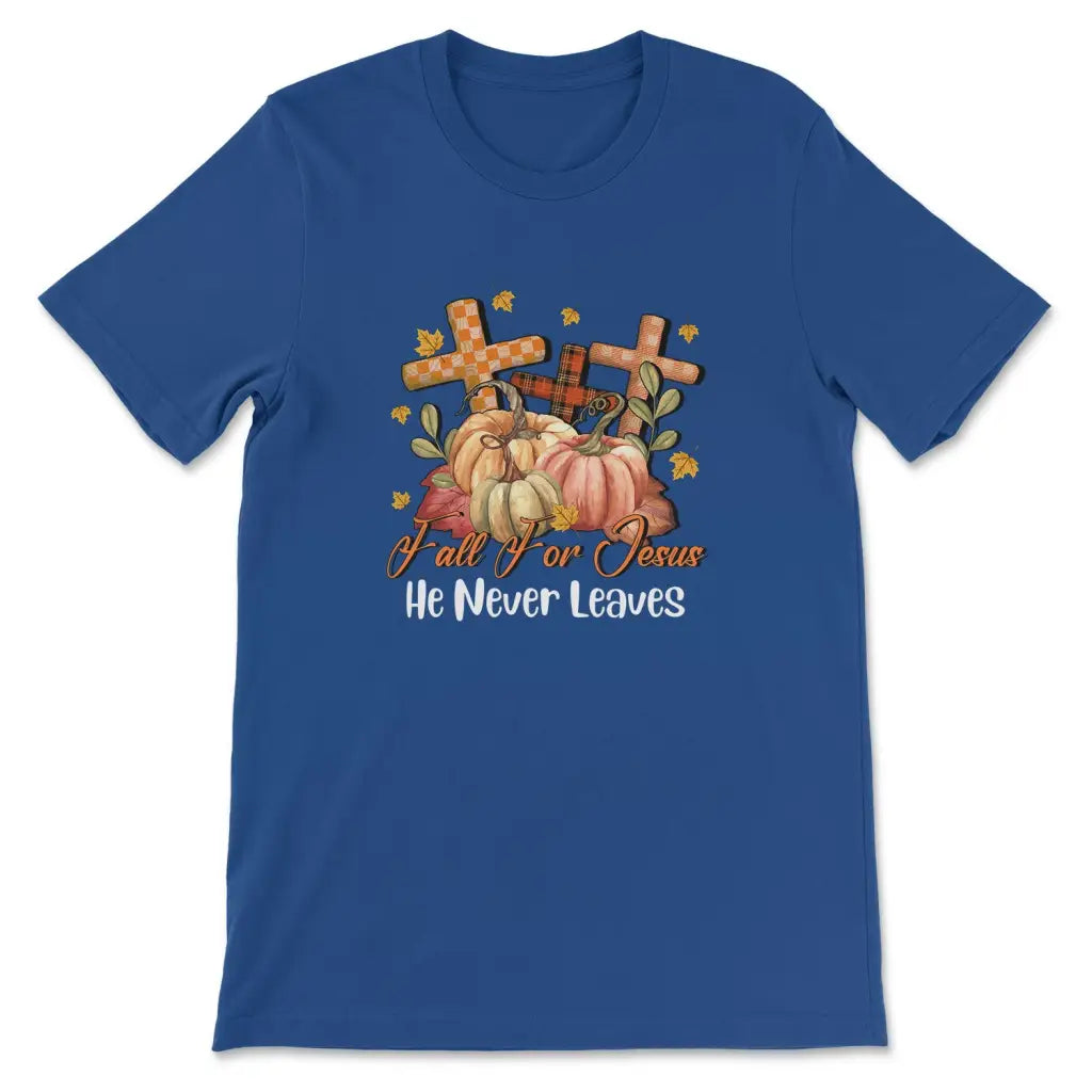 Fall for Jesus He Never Leaves Pumpkin Cross T-shirt True Royal / S
