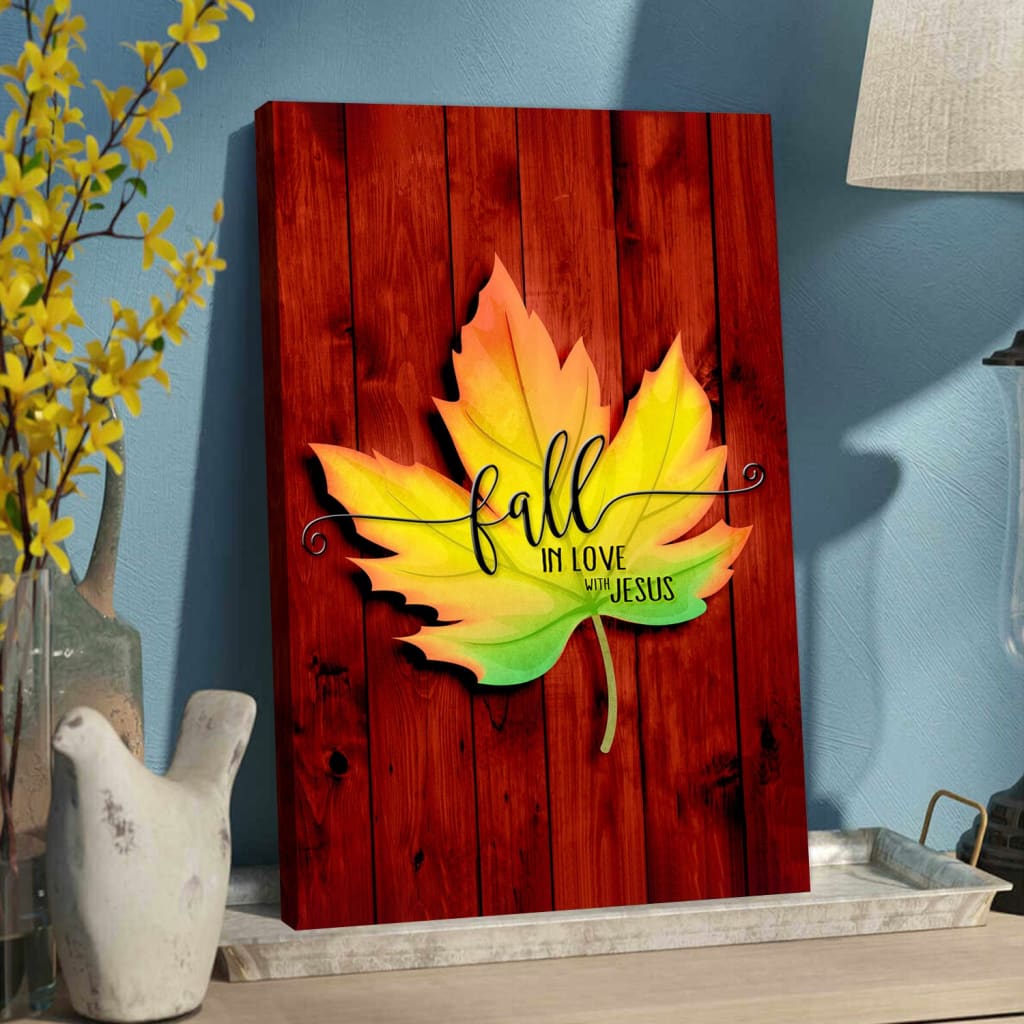 Christian Thanksgiving Wall Decor  featuring "Fall in Love With Jesus" with an autumn leaf design on a red background, perfect faith-based home decor.