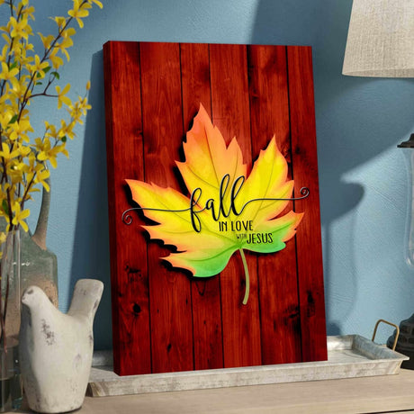 Christian Thanksgiving Wall Decor  featuring "Fall in Love With Jesus" with an autumn leaf design on a red background, perfect faith-based home decor.