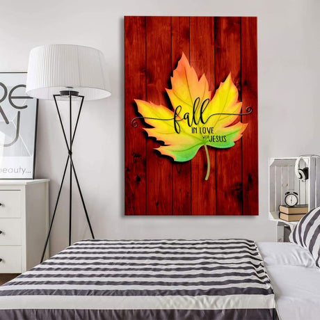 Christian wall art with "Fall in Love With Jesus" and autumn leaves on a red background, ideal Christian home decor for the fall season.