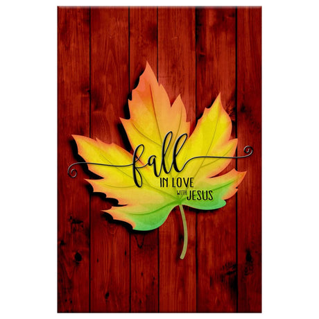 Faith-based wall art displaying "Fall in Love With Jesus" with a red background and autumn leaves, great religious decor for Christian homes.