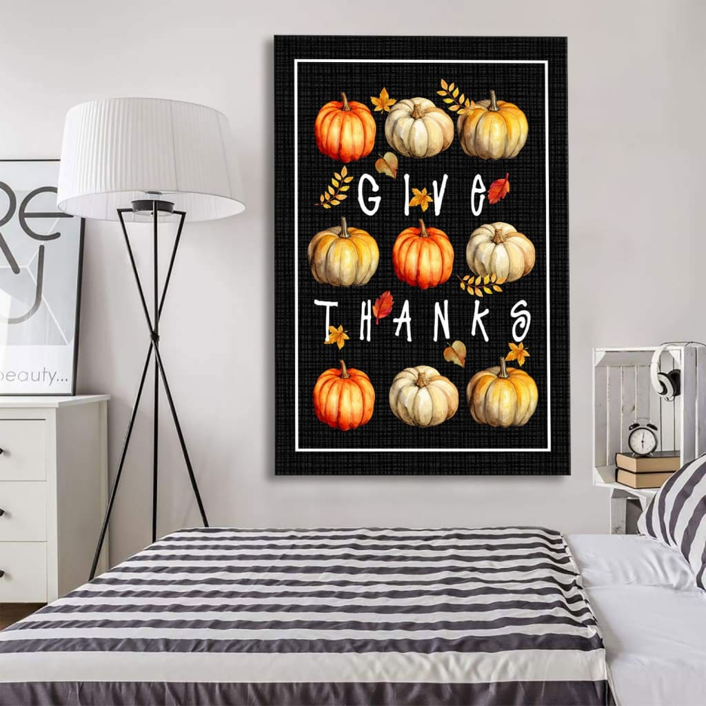 Inspirational canvas with a pumpkin design and &quot;Give Thanks,&quot; ideal for Christian fall home decor.