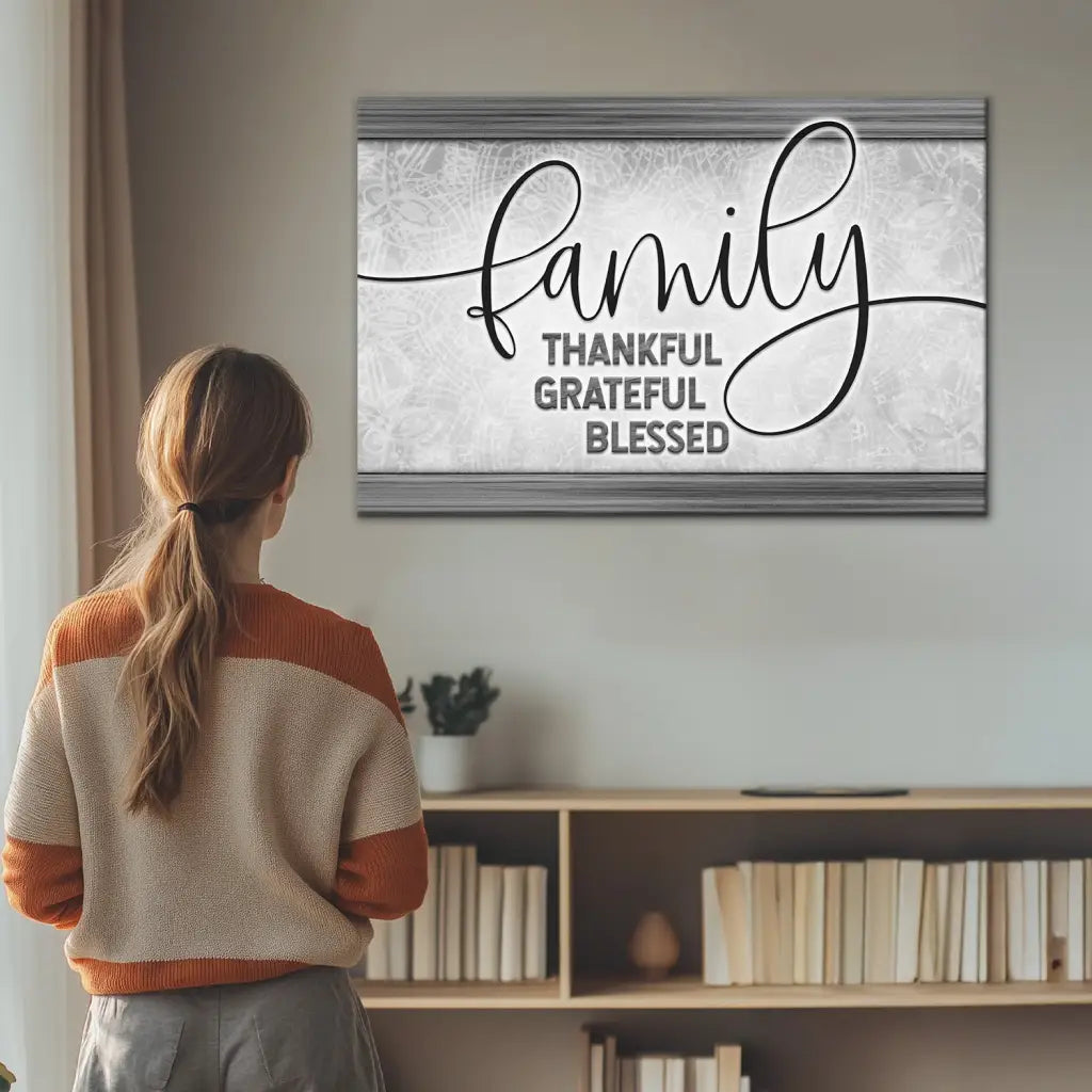 Family wall décor in gray tones, Christian canvas with inspirational message, perfect for weddings or holidays.
