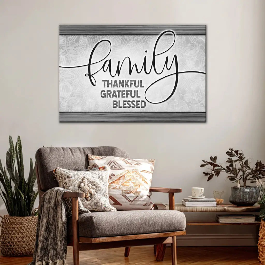 Christian gray canvas with Thankful Grateful Blessed, faith-filled gift for parents, grandparents, or newlyweds.