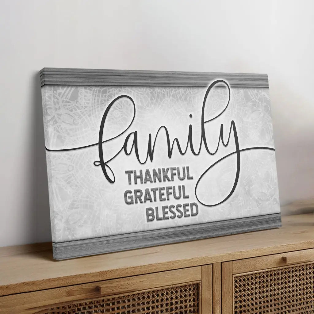 Gray Christian wall art with Thankful Grateful Blessed quote, faith-based family gift for home and encouragement.