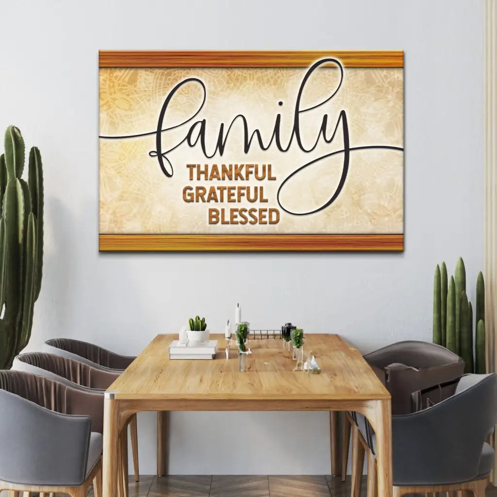 Christian wall art with Thankful Grateful Blessed quote, faith-based canvas for family and daily encouragement. Brown / 12’’ x 8’’