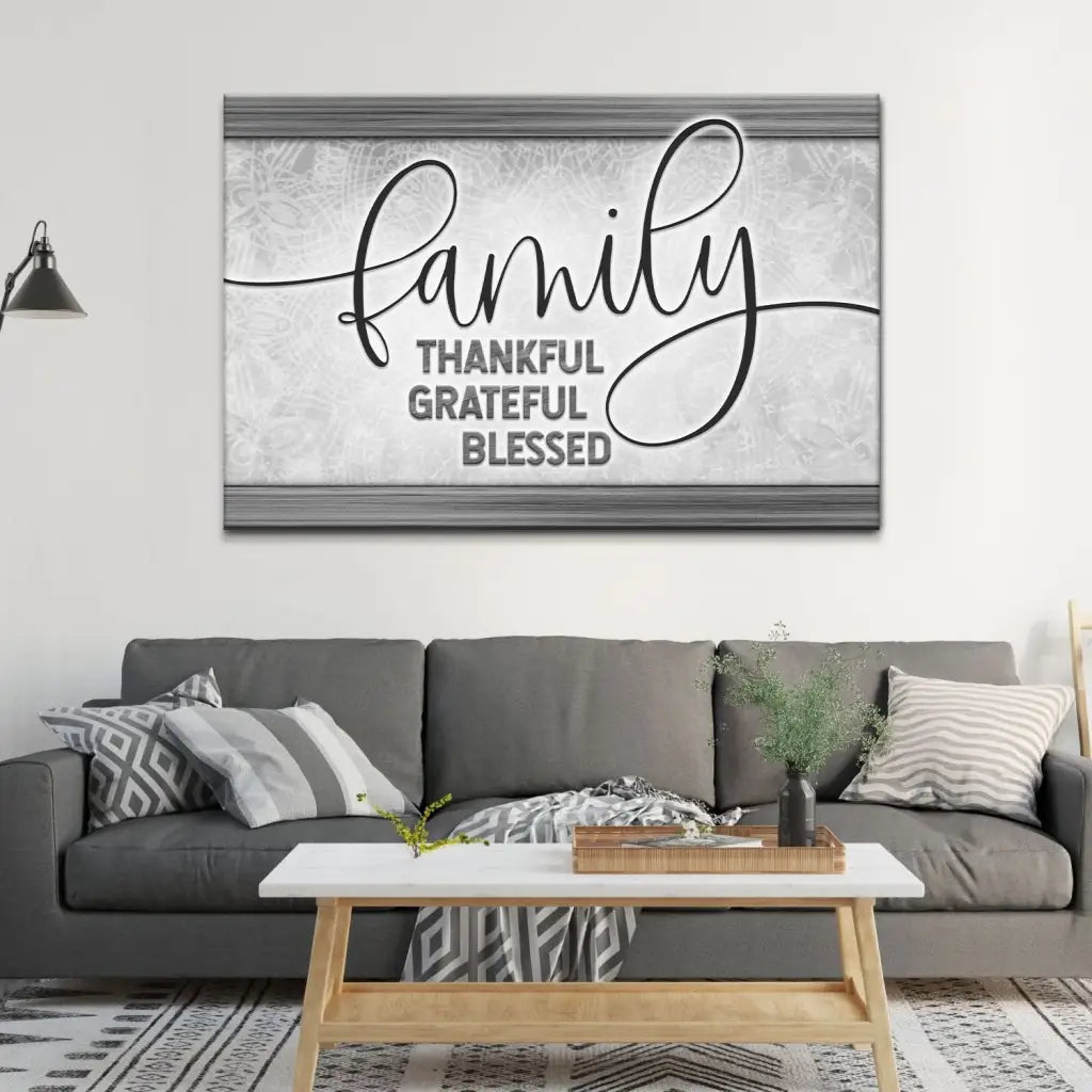 Family Thankful Grateful Blessed Wall Art Canvas Gray / 12’’ x 8’’