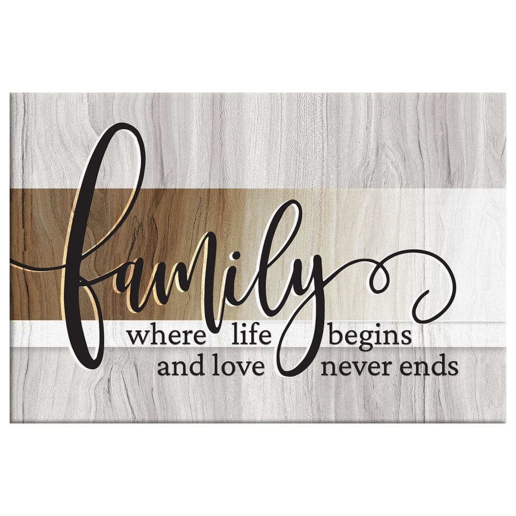 Faith-based canvas print with "Family Where Life Begins and Love Never Ends," great religious home decor.