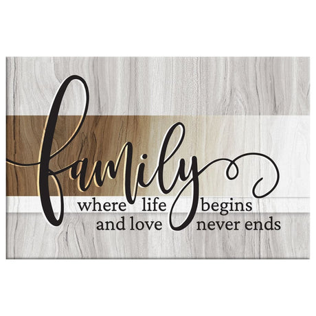 Faith-based canvas print with "Family Where Life Begins and Love Never Ends," great religious home decor.