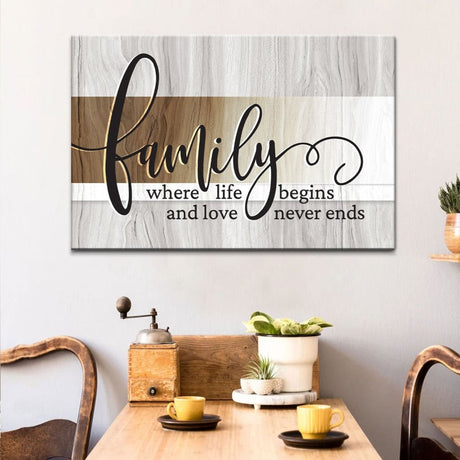 Christian wall art featuring "Family Where Life Begins and Love Never Ends," perfect faith-based home decor.