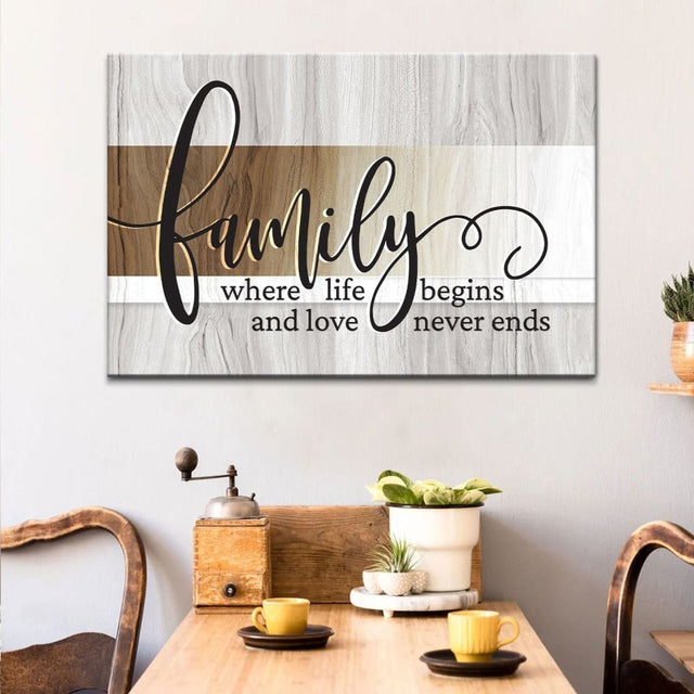 Christian wall art featuring "Family Where Life Begins and Love Never Ends," perfect faith-based home decor.