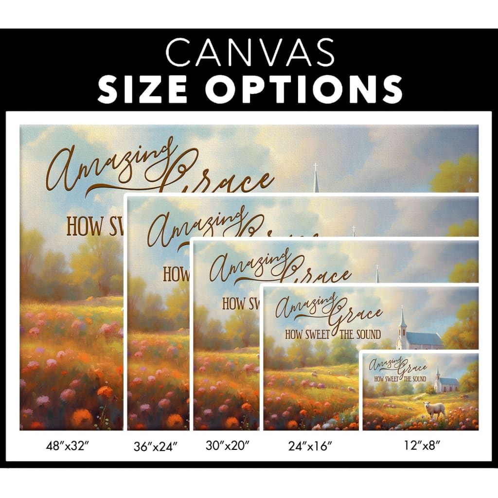 Country church and sheep field scene with "Amazing Grace How Sweet the Sound," perfect for faith-inspired decor / canvas size options.