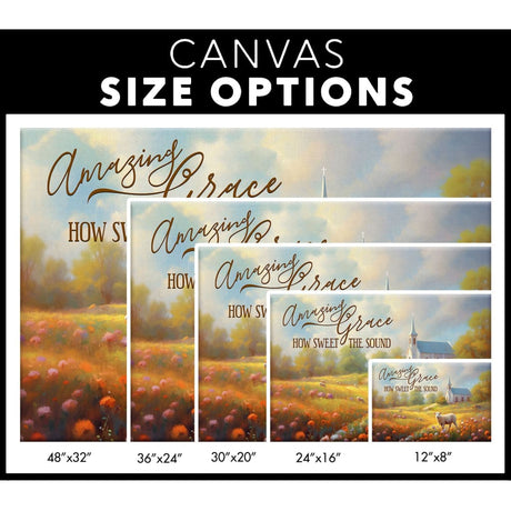 Country church and sheep field scene with "Amazing Grace How Sweet the Sound," perfect for faith-inspired decor / canvas size options.