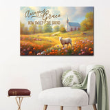 "Amazing Grace How Sweet the Sound" wall art canvas with country church, field, and sheep, ideal for Christian decor.