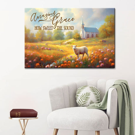 "Amazing Grace How Sweet the Sound" wall art canvas with country church, field, and sheep, ideal for Christian decor.