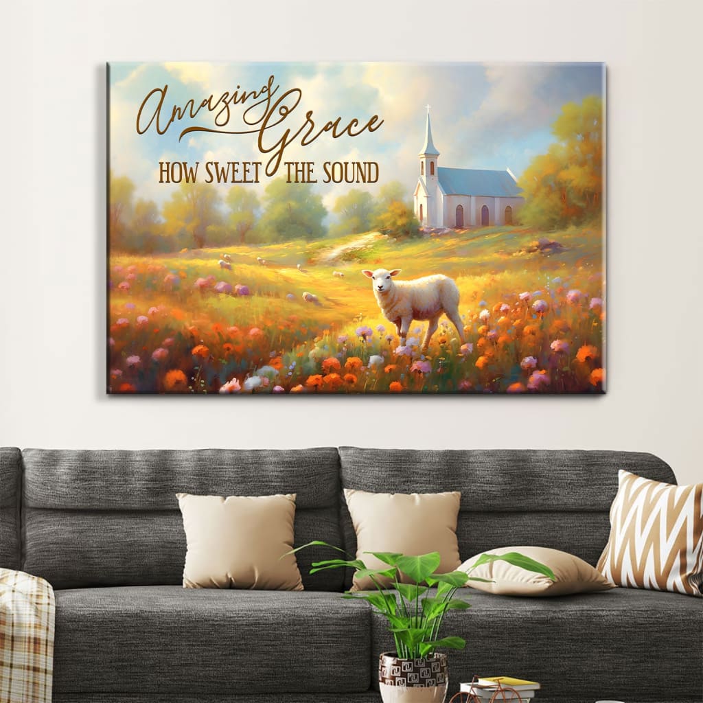 Christian wall decor with "Amazing Grace" hymn, featuring a country church, field, and sheep in the background.