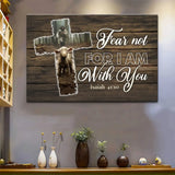 Christian wall art featuring Isaiah 41:10, "Fear Not for I Am with You," with a cross, lost sheep, and Jesus in the background, perfect faith-based decor.