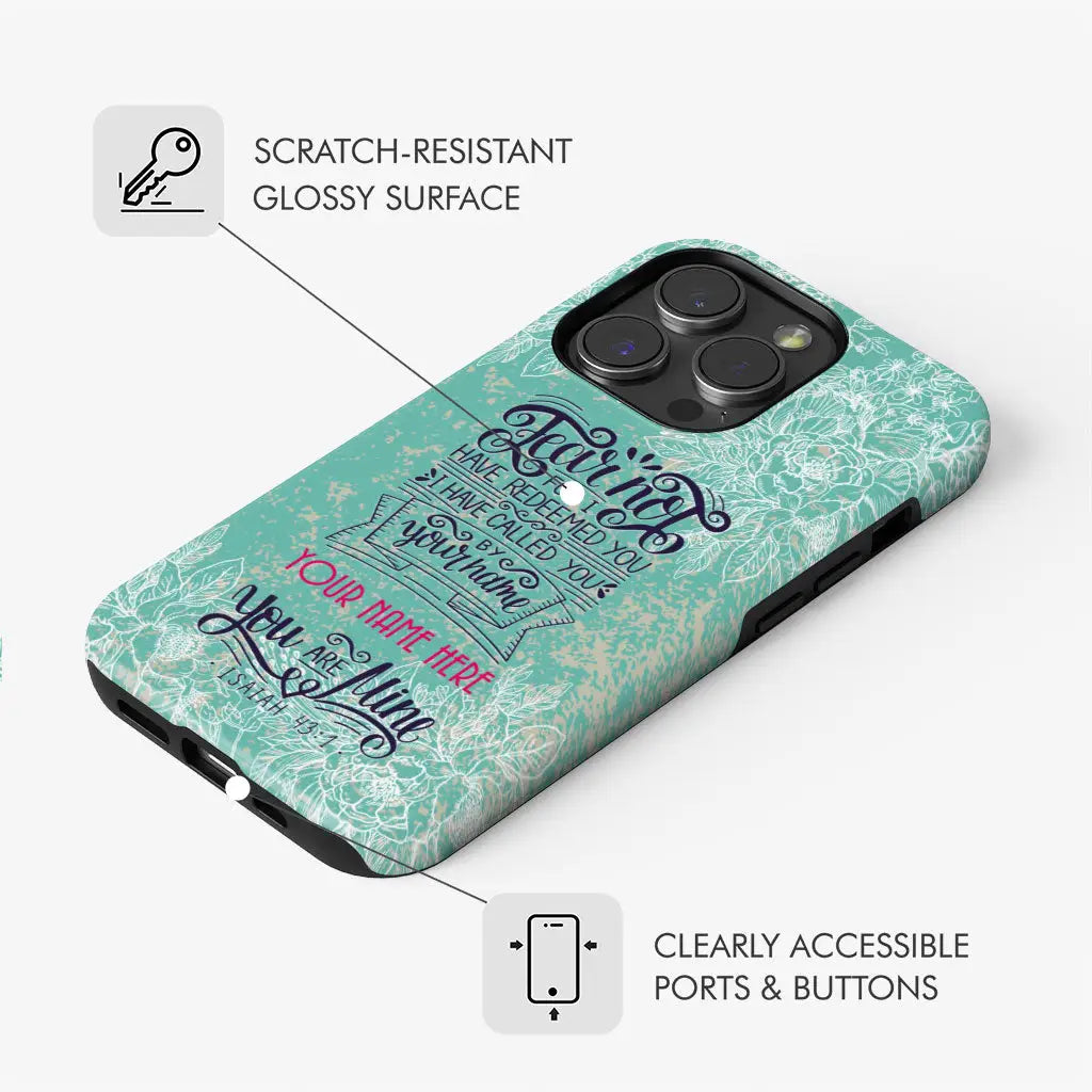Faith-based phone case with Isaiah 43:1 Bible verse and personalized name, great for religious and inspirational gifts.