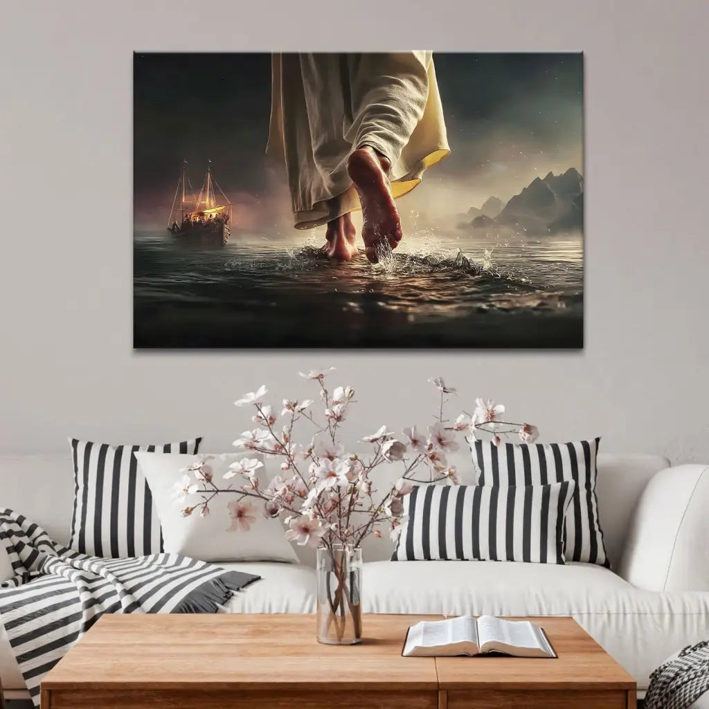 Jesus walking on water wall art, Christian canvas with Bible verse about faith and peace in the storm.