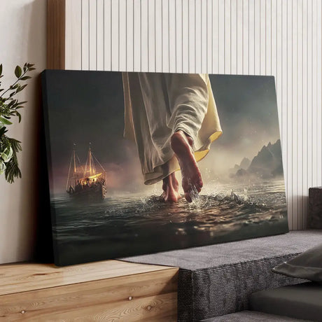 Inspirational Christian wall art of Jesus on water, faith-based gift for comfort and spiritual strength.