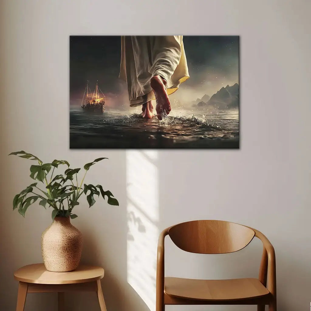 Christian artwork with Jesus on water, inspirational canvas for faith, peace, and overcoming fear.