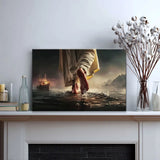 Faith-based wall art of Jesus walking on stormy sea, Bible verse gift for encouragement and hope.