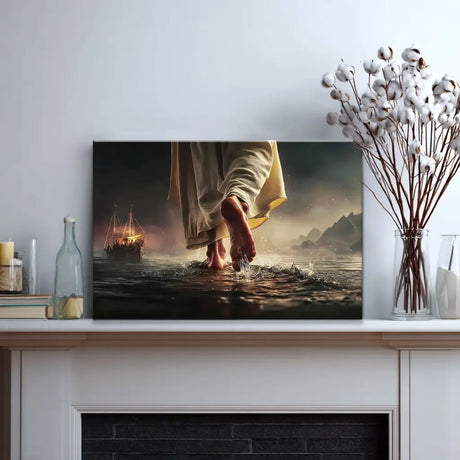 Faith-based wall art of Jesus walking on stormy sea, Bible verse gift for encouragement and hope.