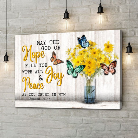 Bible verse wall art canvas with butterflies and flowers featuring Romans 15:13, "May the God of Hope," ideal for Christian home décor.