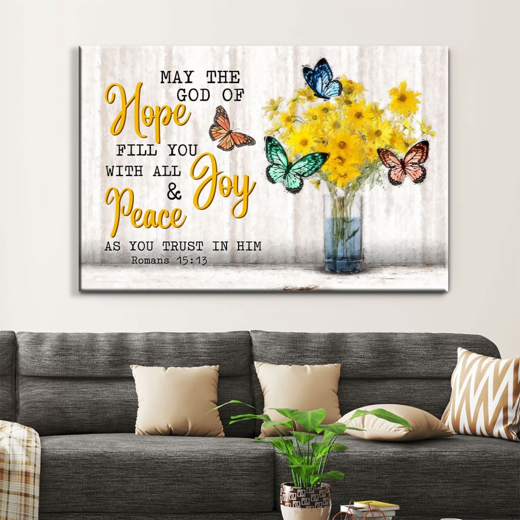 Inspirational wall art displaying butterflies, flowers, and Romans 15:13, "May the God of Hope," perfect for faith-based decoration.