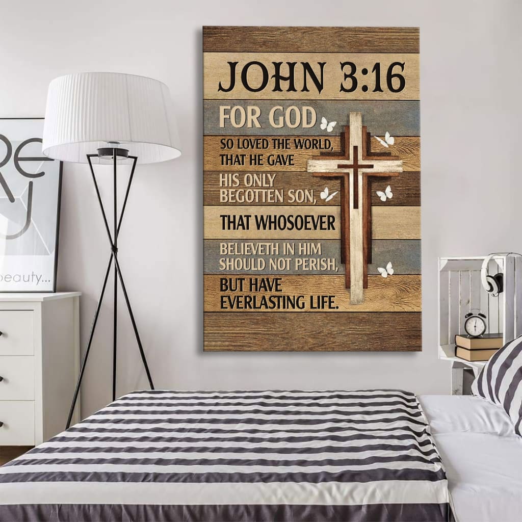 Inspiring John 3:16 wall art with cross and butterflies, ideal for Christian home decor.
