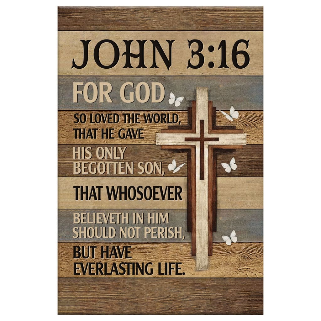 John 3:16 canvas with cross and butterflies, perfect faith-based decor or Christian gifts.