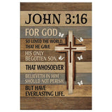 John 3:16 canvas with cross and butterflies, perfect faith-based decor or Christian gifts.