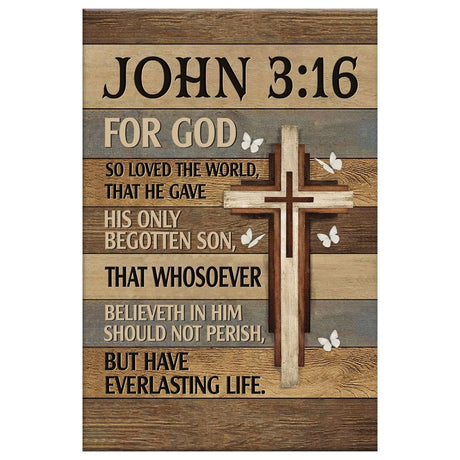 John 3:16 canvas with cross and butterflies, perfect faith-based decor or Christian gifts.