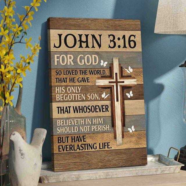 Christian wall art with John 3:16 "For God So Loved the World," featuring a cross and butterflies on a wooden background.